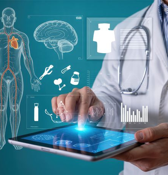 Internal Medicine Doctor using medical tech tablet